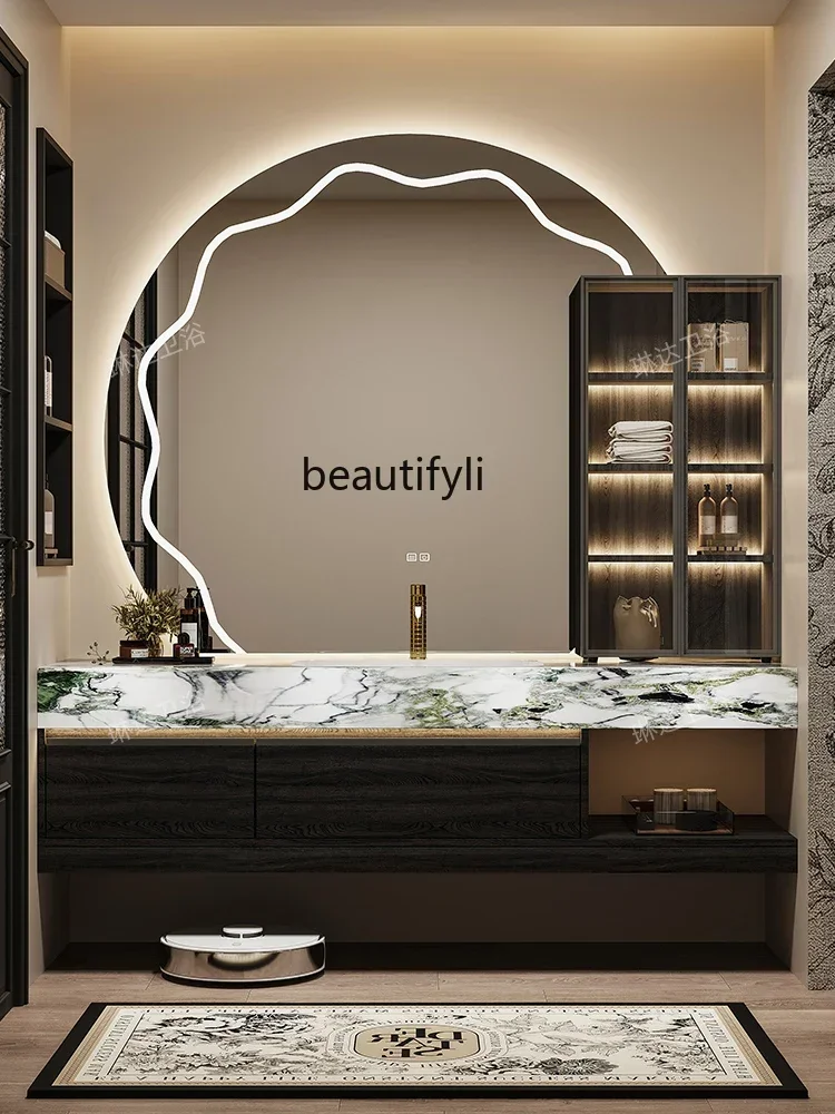 CWalnut bathroom cabinet combination rock slab ceramic seamless basin light luxury washstand wash basin
CWalnut bathroom cabinet combination rock slab ceramic seamless basin light luxury washstand wash basin