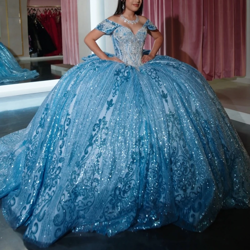Sky Blue Shiny Quinceanera Dresses Ball Gown Off The Shoulder Sequin Applique Lace Beading Bow Tull Party Birthday Sweet 16
Sky Blue Shiny Quinceanera Dresses Ball Gown Off The Shoulder Sequin Applique Lace Beading Bow Tull Party Birthday Sweet 16