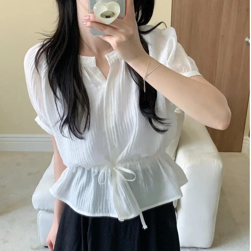 Korean Style Drawstring Waist round Neck Shirt Striped Women's Short Sleeve Cardigan Casual Versatile Spring Fashion
Korean Style Drawstring Waist round Neck Shirt Striped Women's Short Sleeve Cardigan Casual Versatile Spring Fashion