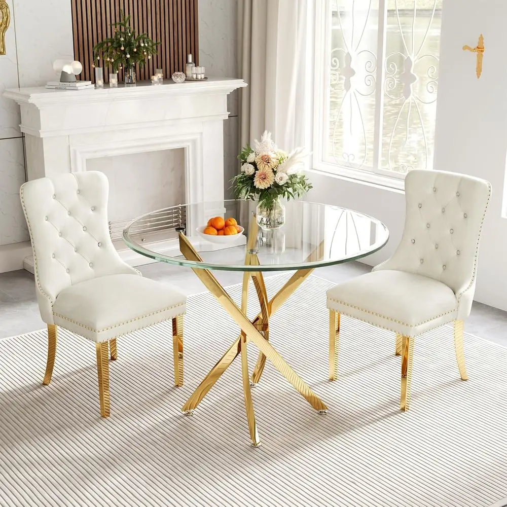 36 Glass Round Dining Table Set or 2-3 Piece Modern Kitchen Table with White Velvet Chairs for Small Spaces - Gold Legs
36 Glass Round Dining Table Set or 2-3 Piece Modern Kitchen Table with White Velvet Chairs for Small Spaces - Gold Legs