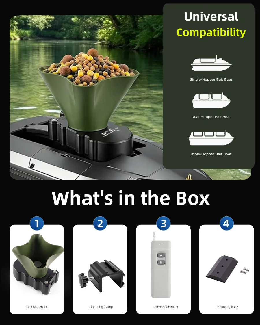 360° Rotating Bait Dispenser, suitable for remote-controlled boats used in carp fishing, 500g capacity (boat not included)
360° Rotating Bait Dispenser, suitable for remote-controlled boats used in carp fishing, 500g capacity (boat not included)