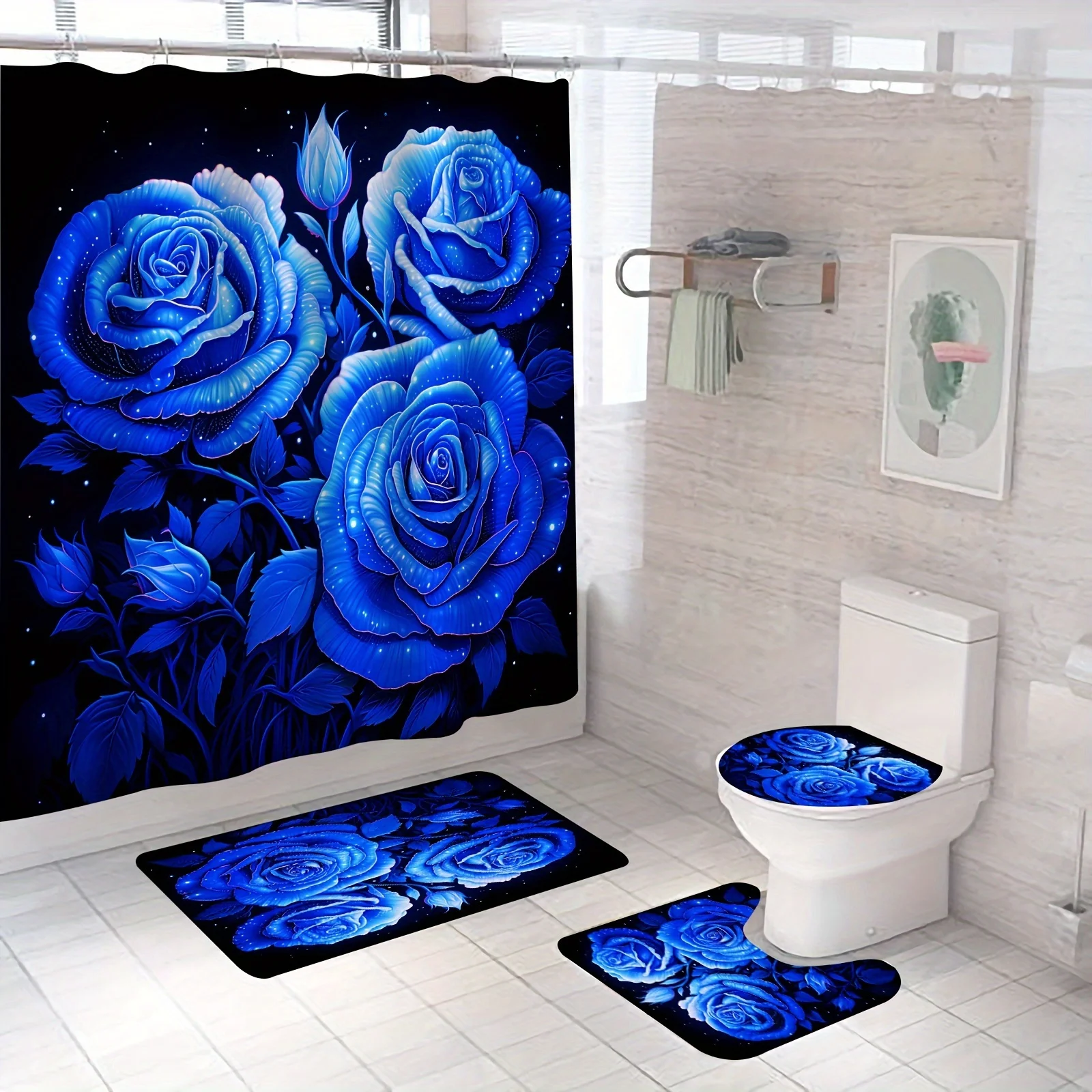 Elegant Blue Roses on Black Background Bathroom Set - Waterproof Shower Curtain, Toilet Lid Cover, Bath Mat, and Contour Mat
Elegant Blue Roses on Black Background Bathroom Set - Waterproof Shower Curtain, Toilet Lid Cover, Bath Mat, and Contour Mat