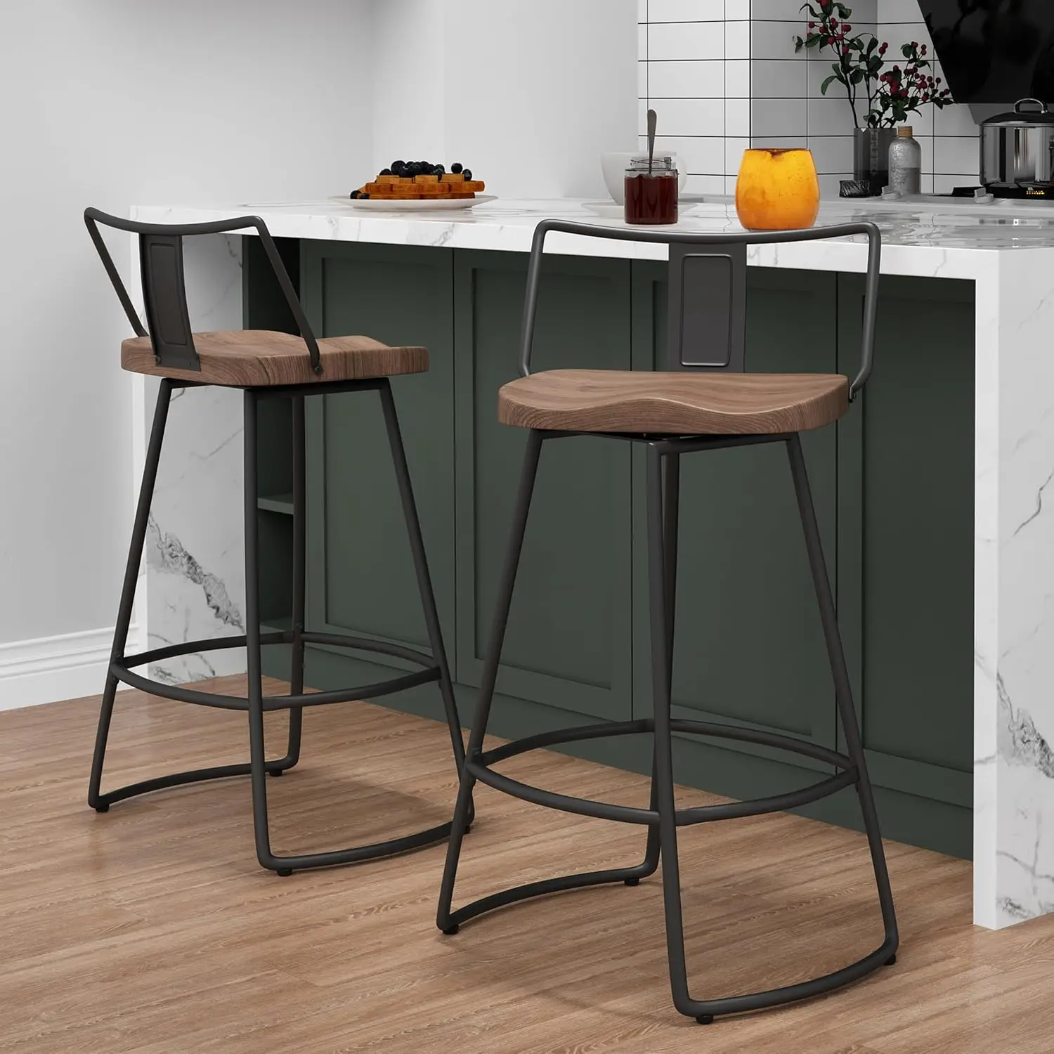 26' Swivel Bar Stools Set of 2 Metal Counter Height with Wooden Seat, Matte Black Industrial Style
26' Swivel Bar Stools Set of 2 Metal Counter Height with Wooden Seat, Matte Black Industrial Style