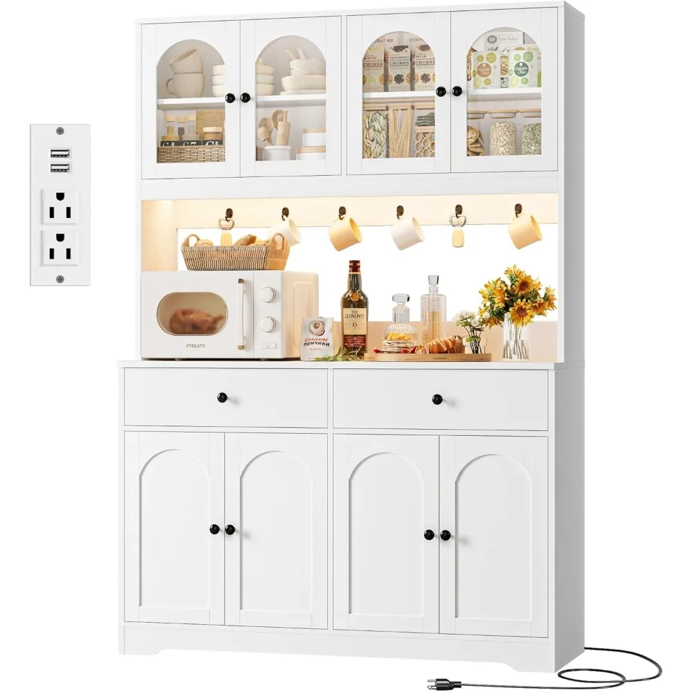 71" LED Kitchen Pantry Cabinet with Power Outlet, Large Kitchen Hutch Storage Cabinet with Arched Door & Shelves & 2 Drawers, T
71" LED Kitchen Pantry Cabinet with Power Outlet, Large Kitchen Hutch Storage Cabinet with Arched Door & Shelves & 2 Drawers, T