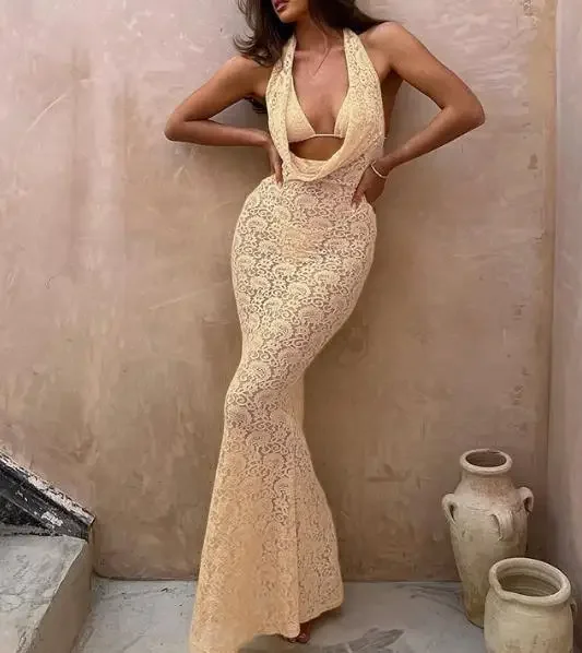 New Women's Lace Halter V-Neck Hollow Out Backless Slimming Dress Summer Beach Style Female Fashion High Waist Vacation Dresses
New Women's Lace Halter V-Neck Hollow Out Backless Slimming Dress Summer Beach Style Female Fashion High Waist Vacation Dresses