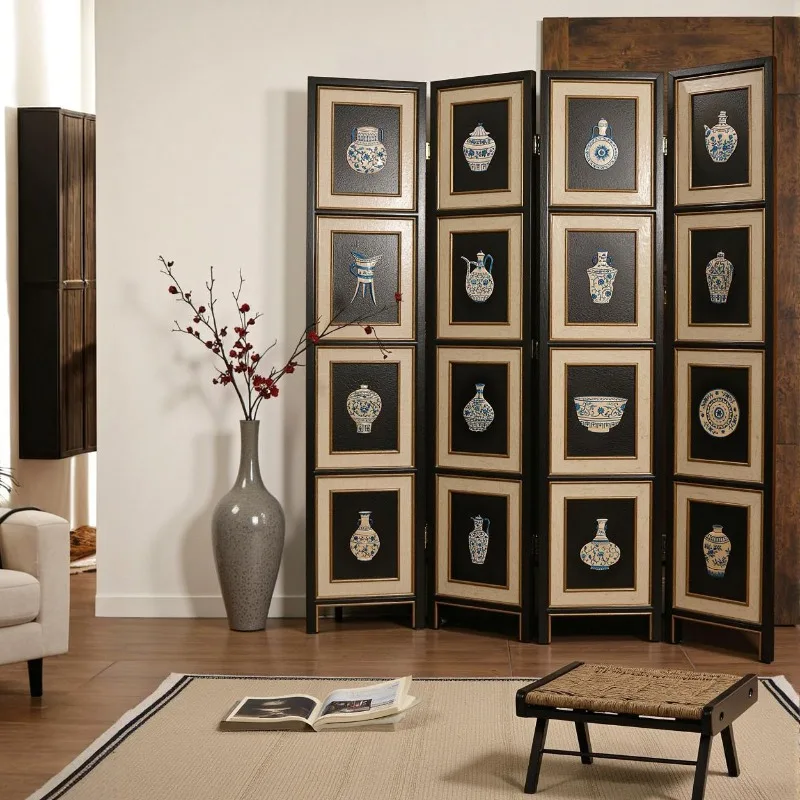 Chinese four-panel screen 16-grid blue and white screen, hand-painted golden bamboo four-fold lacquered wood partition screen
Chinese four-panel screen 16-grid blue and white screen, hand-painted golden bamboo four-fold lacquered wood partition screen