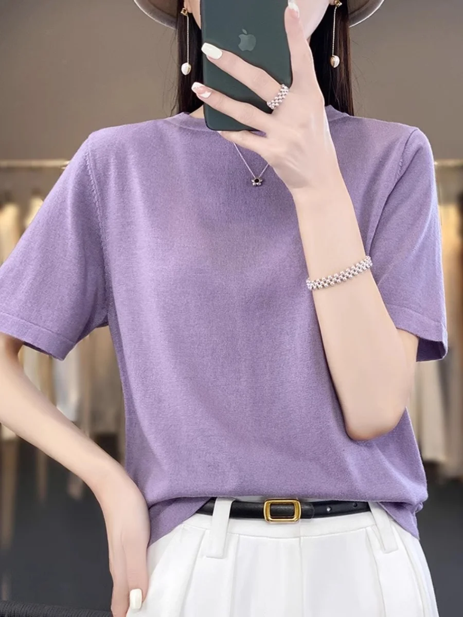 Yanzi Silk Spun Wool round Neck Short Sleeve Thin Knitted T-Shirt Pure Color Women's Fashion Spring Season Straight Cut Basic
Yanzi Silk Spun Wool round Neck Short Sleeve Thin Knitted T-Shirt Pure Color Women's Fashion Spring Season Straight Cut Basic