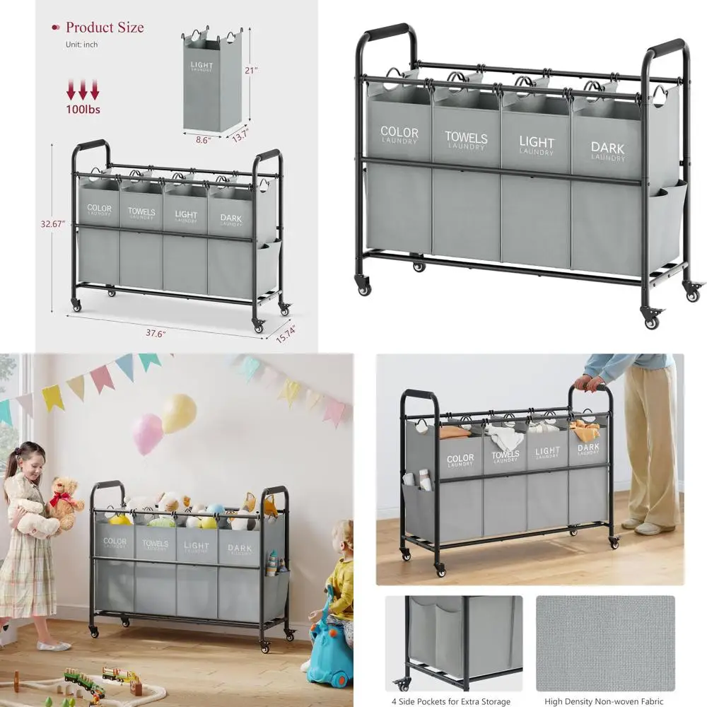 4-секционная сверхмощная тележка для белья на колесиках с запираемыми колесами и съемными сумками для сортировки одежды, серая
4-секционная сверхмощная тележка для белья на колесиках с запираемыми колесами и съемными сумками для сортировки одежды, серая