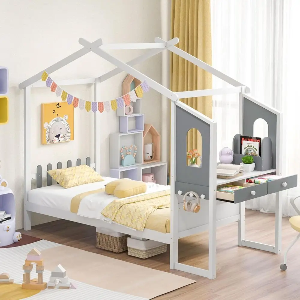 Twin Size Wooden Bed with Study Desk, Removable Storage Drawers and Hanging Hooks, Suitable for Kids' Rooms, No Box Spring Requi
Twin Size Wooden Bed with Study Desk, Removable Storage Drawers and Hanging Hooks, Suitable for Kids' Rooms, No Box Spring Requi