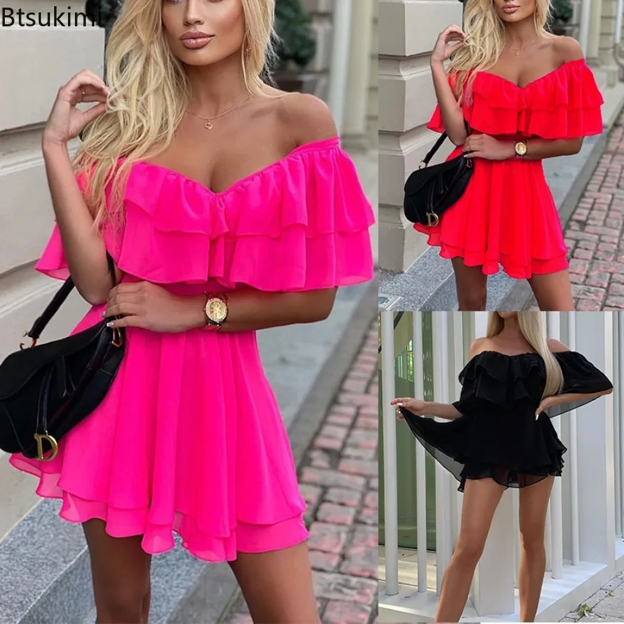 Summer Sexy Off Shoulder Mini Dress for Women Fashion Solid Color Ruffled A-linen Chiffon Dress 2024 Ladies Holiday Beach Dress
Summer Sexy Off Shoulder Mini Dress for Women Fashion Solid Color Ruffled A-linen Chiffon Dress 2024 Ladies Holiday Beach Dress
