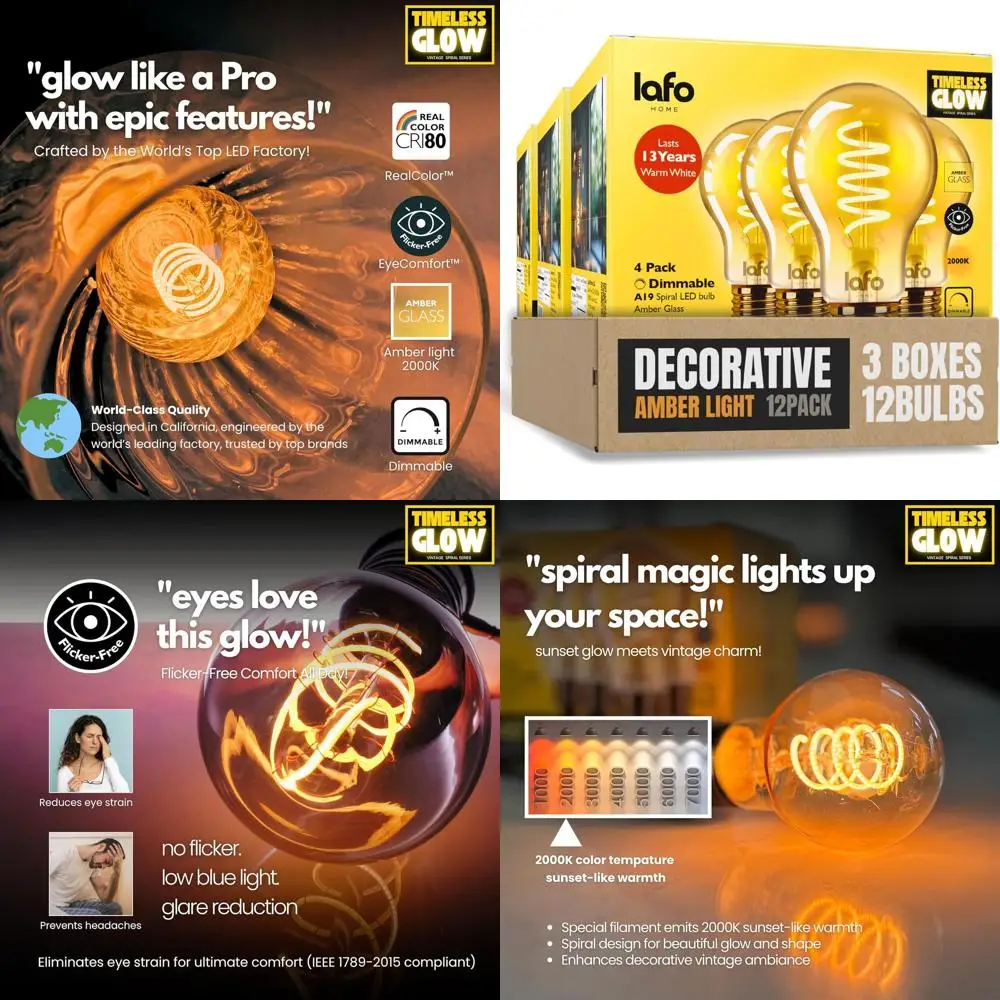 12-Pack Dimmable 5W LED Filament Bulbs, 40W Equivalent, Warm Amber 2000K, E26 Base, CRI80, Amber Glass, Spiral Filament, ETL FCC
12-Pack Dimmable 5W LED Filament Bulbs, 40W Equivalent, Warm Amber 2000K, E26 Base, CRI80, Amber Glass, Spiral Filament, ETL FCC