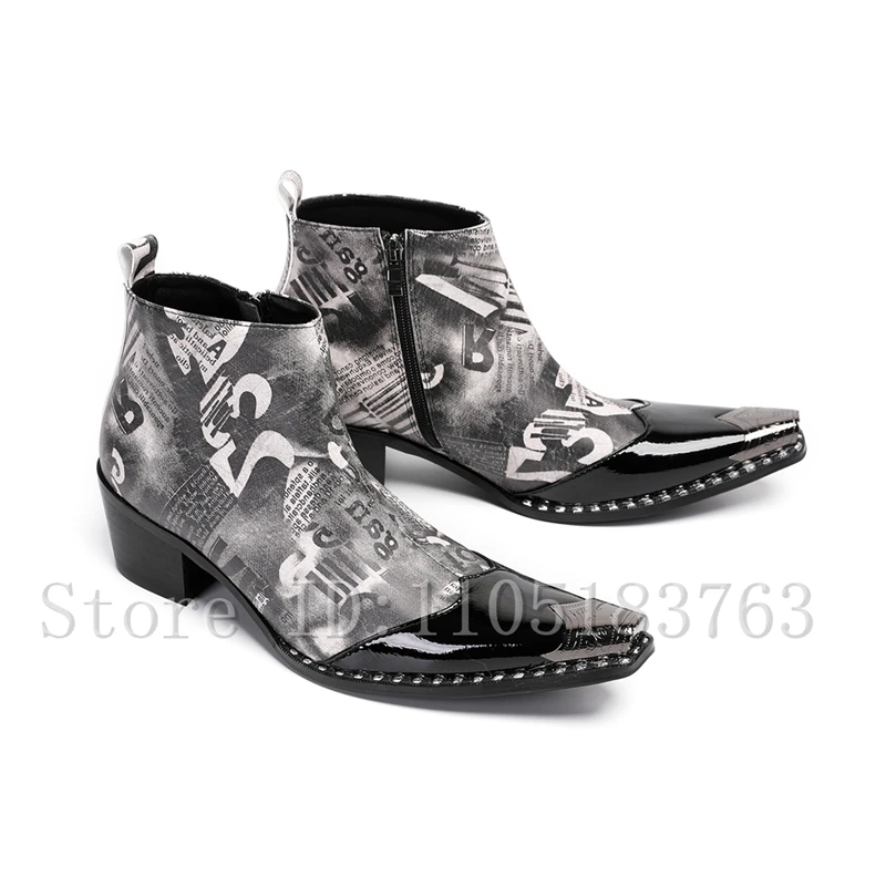 Men's Retro Newspaper Print Ankle Boots Metal Pointed Toe Genuine Leather Booties with Side Zipper Punk Style Casual Shoes
Men's Retro Newspaper Print Ankle Boots Metal Pointed Toe Genuine Leather Booties with Side Zipper Punk Style Casual Shoes