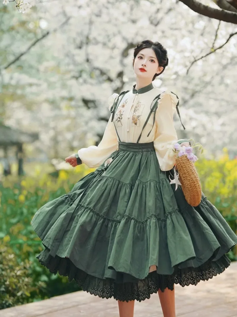 MAGOGO Vintage Lolita 2 Piece Skirt Sets Women Chinese Rustic Style Green Strap Skirt Autumn Flower Embroidery Long Sleeve Shir
MAGOGO Vintage Lolita 2 Piece Skirt Sets Women Chinese Rustic Style Green Strap Skirt Autumn Flower Embroidery Long Sleeve Shir