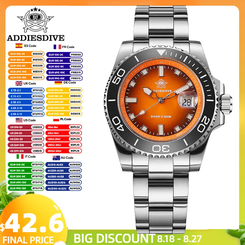 ADDIESDIVE New 41mm Men Watch Diving 200m Waterproof AD2089 Top Brand Diver Wristwatch Stainless Steel Luminous Leisure Watch
ADDIESDIVE New 41mm Men Watch Diving 200m Waterproof AD2089 Top Brand Diver Wristwatch Stainless Steel Luminous Leisure Watch