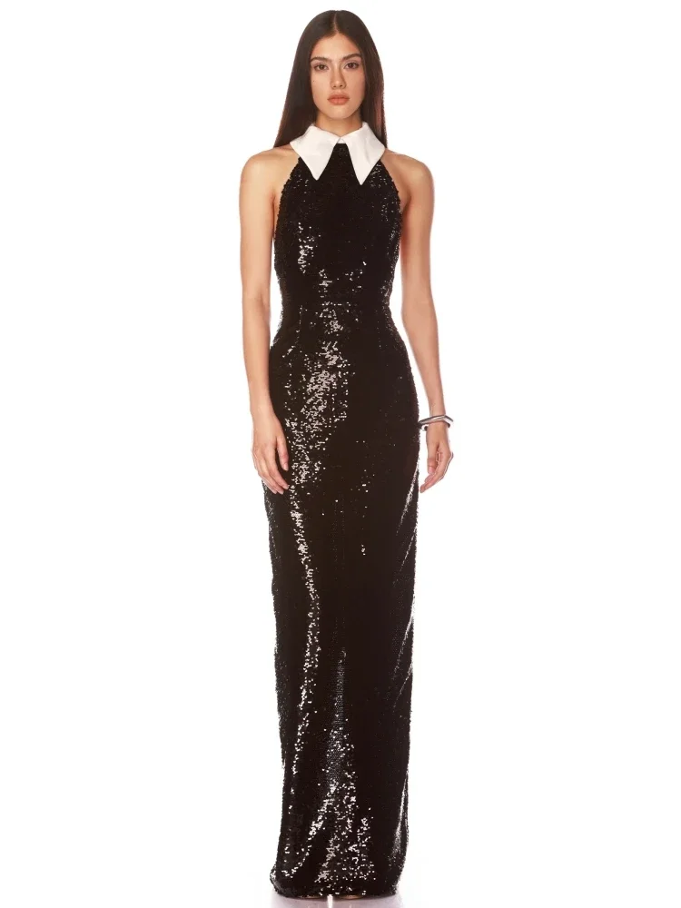 Sexy Halter Neck Shiny Squins Long Dress Women Black Sleeveless Backless Sequined Slim Dresses Evening Party Celebrity Gowns
Sexy Halter Neck Shiny Squins Long Dress Women Black Sleeveless Backless Sequined Slim Dresses Evening Party Celebrity Gowns