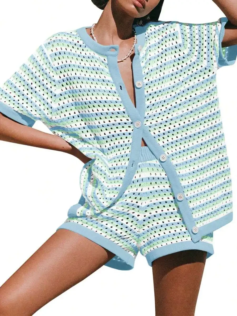Women Crochet Knit Button Down Cover Up Set Striped Beach Shorts Two Piece Summer
Women Crochet Knit Button Down Cover Up Set Striped Beach Shorts Two Piece Summer