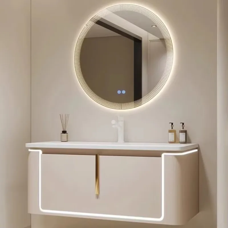 Premium bathroom cabinet set with circular illuminated tri-color mirror vanity
Premium bathroom cabinet set with circular illuminated tri-color mirror vanity