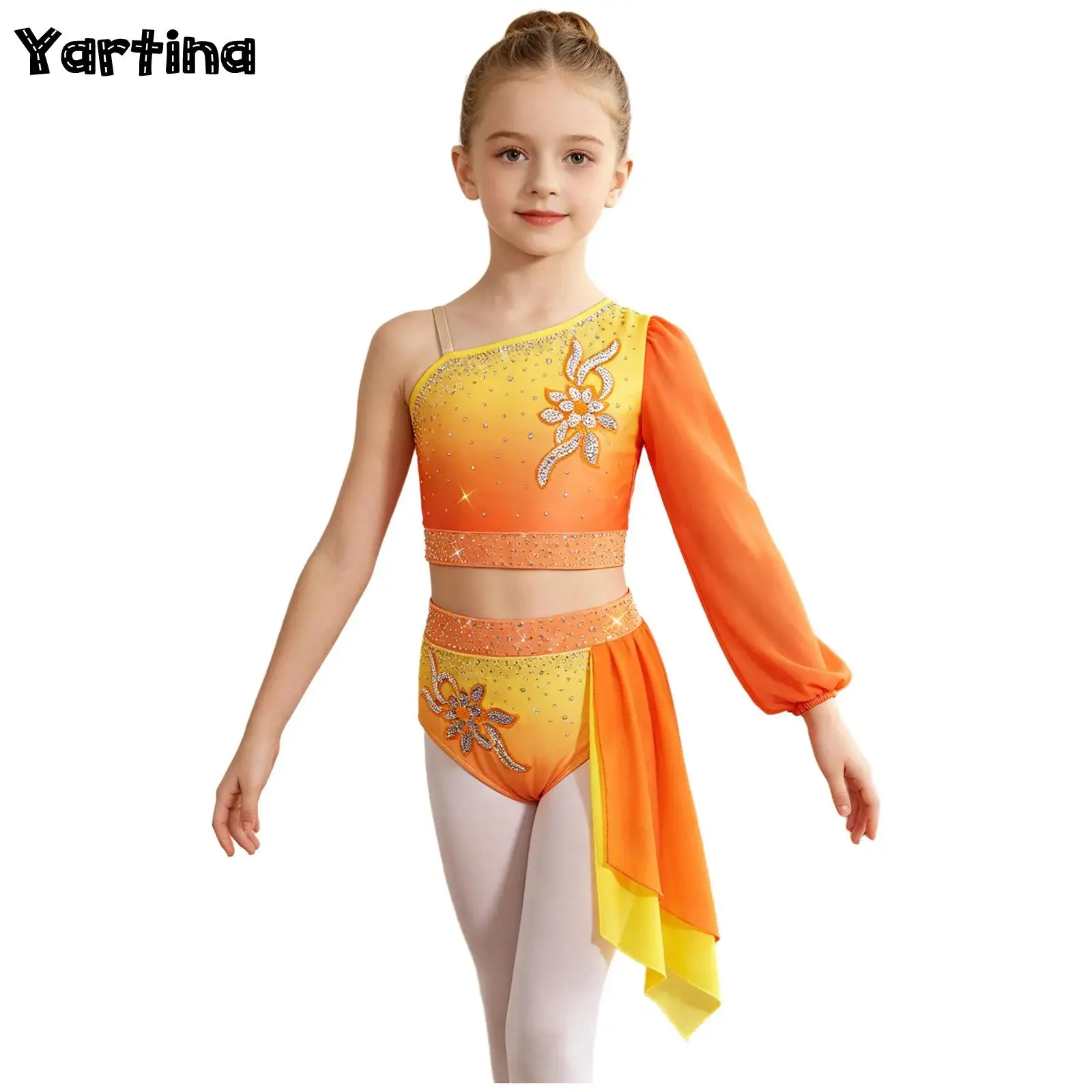 Kids Girls Rhinestone Ballet Lyrical Dance Outfit Performance Costume One Shoulder Long Puff Sleeve Crop Top with Draped Skirt
Kids Girls Rhinestone Ballet Lyrical Dance Outfit Performance Costume One Shoulder Long Puff Sleeve Crop Top with Draped Skirt
