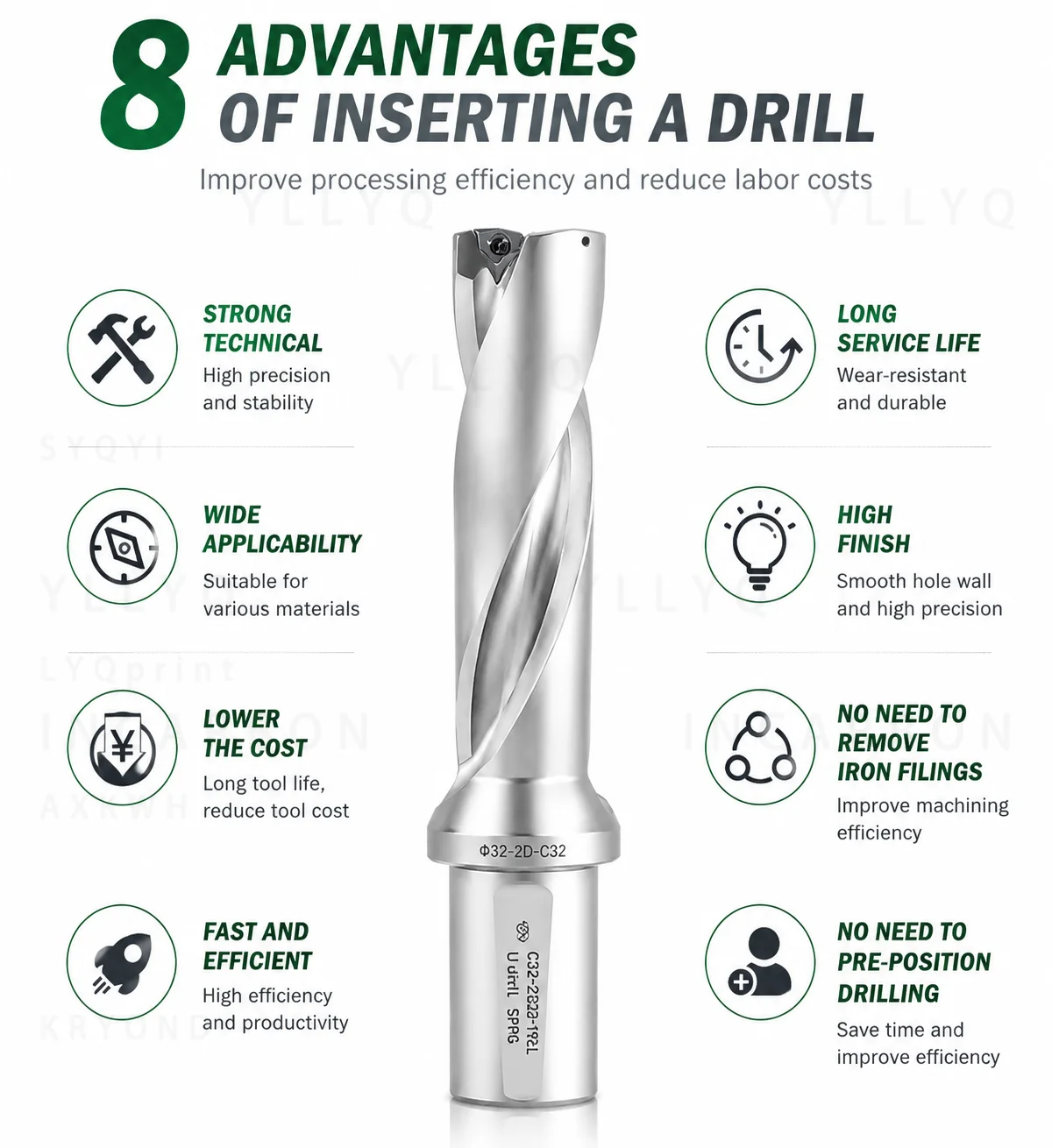 SP Series U Drill, 10mm-50mm, 2D/3D/4D/5D Drilling Depth, High Speed Drill Bit for CNC, Fits SPMG Inserts of Various Brands
SP Series U Drill, 10mm-50mm, 2D/3D/4D/5D Drilling Depth, High Speed Drill Bit for CNC, Fits SPMG Inserts of Various Brands