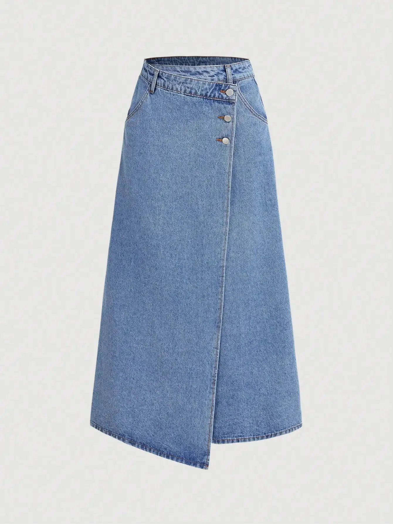 Women's Denim Midi Skirt with Asymmetrical Wrap Design and Button Detail
Women's Denim Midi Skirt with Asymmetrical Wrap Design and Button Detail