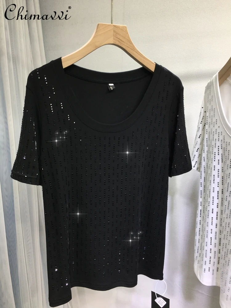European Heavy Hot Diamond T-shirt Women's Cotton Elastic Round Neck Short Sleeve Spring and Summer Versatile Simple Tops
European Heavy Hot Diamond T-shirt Women's Cotton Elastic Round Neck Short Sleeve Spring and Summer Versatile Simple Tops