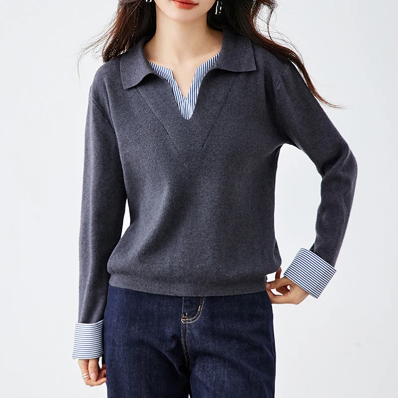 Поло в стиле пэчворк, полосатый свитер, женский осенне-зимний дизайн, корейская мода, искусственные серые пуловеры из двух предметов, повседневные вязаные топы, джемпер
Поло в стиле пэчворк, полосатый свитер, женский осенне-зимний дизайн, корейская мода, искусственные серые пуловеры из двух предметов, повседневные вязаные топы, джемпер