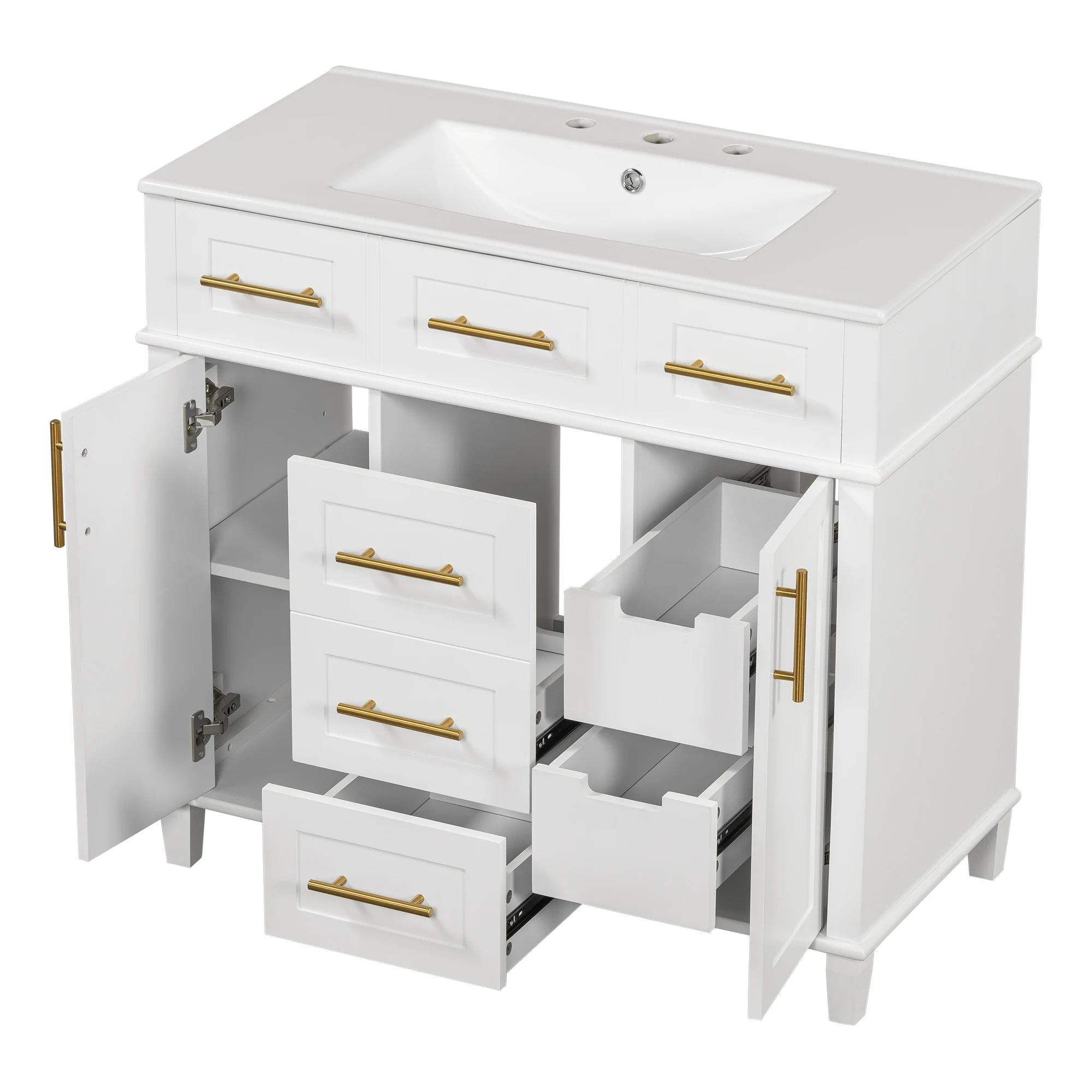 36-Inch Versatile For Bathroom Vanity Cabinet White Wood 4 Soft-Close Drawers 1 Adjustable Shelf 2 Soft-Close Doors Storage Solu
36-Inch Versatile For Bathroom Vanity Cabinet White Wood 4 Soft-Close Drawers 1 Adjustable Shelf 2 Soft-Close Doors Storage Solu