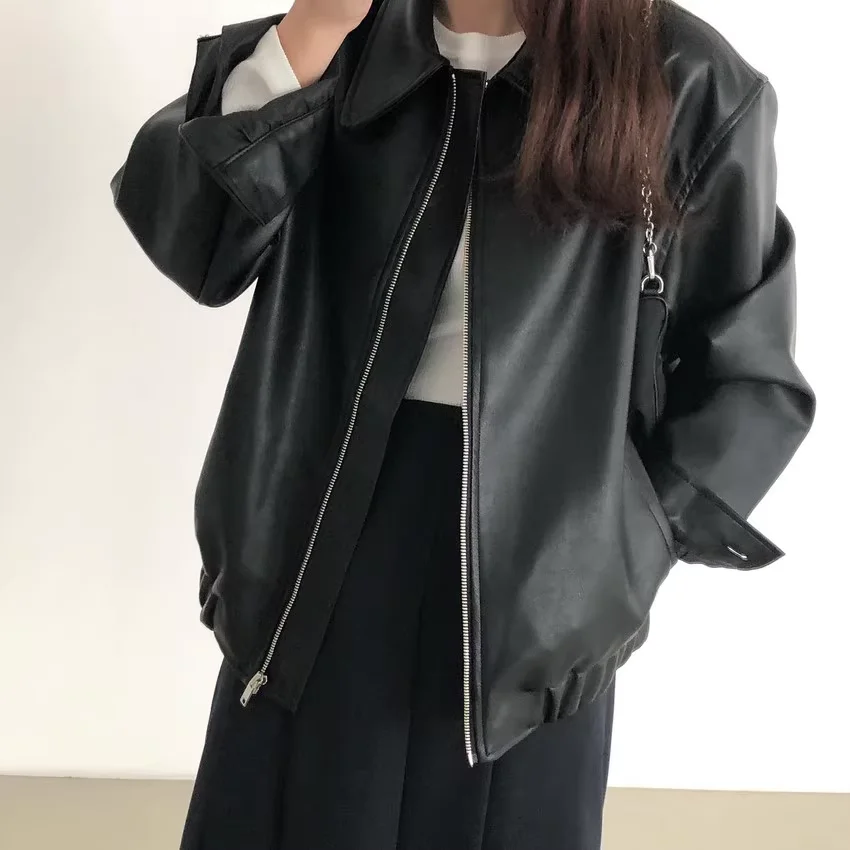 New Korea Chic Autumn Women Jackets Personality Lapel Zipper Loose Casual Long Sleeve Motorcycle Jacket Leather Coat Woman
New Korea Chic Autumn Women Jackets Personality Lapel Zipper Loose Casual Long Sleeve Motorcycle Jacket Leather Coat Woman