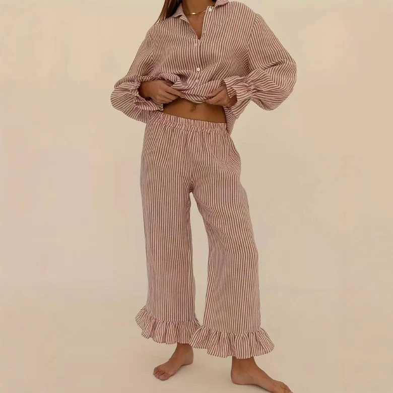 Striped pajama set: lapel puff-sleeve shirt + ruffled wide-leg pants loungewear
Striped pajama set: lapel puff-sleeve shirt + ruffled wide-leg pants loungewear