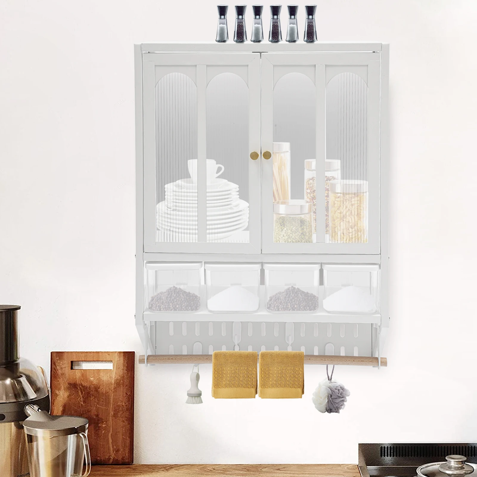 2-Layer Retro Style Haze Double Glass Door Wall Mounted Cabinet with 4 Seasoning Boxes and Perforated Panels-White
2-Layer Retro Style Haze Double Glass Door Wall Mounted Cabinet with 4 Seasoning Boxes and Perforated Panels-White