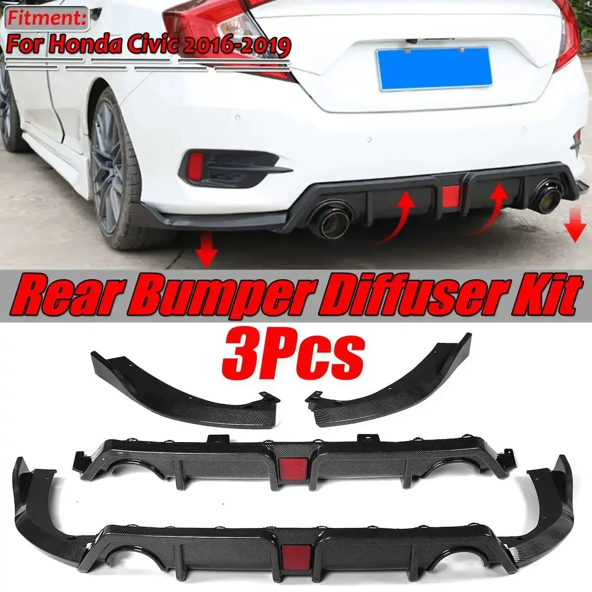 Carbon Fiber Look/Black 3pcs Car Rear Bumper Diffuser Splitter Lip Bumper Guard Protector For Honda For Civic 2016-2019 Body Kit
Carbon Fiber Look/Black 3pcs Car Rear Bumper Diffuser Splitter Lip Bumper Guard Protector For Honda For Civic 2016-2019 Body Kit