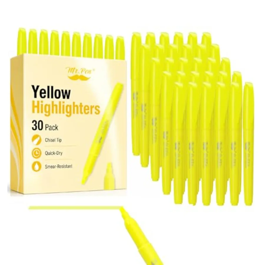 - Yellow Highlighters, 30 Pack, Chisel Tip, Quick-Dry, Smear-Resistant, Odorless Yellow Highlighters Bulk for School, Office an
- Yellow Highlighters, 30 Pack, Chisel Tip, Quick-Dry, Smear-Resistant, Odorless Yellow Highlighters Bulk for School, Office an