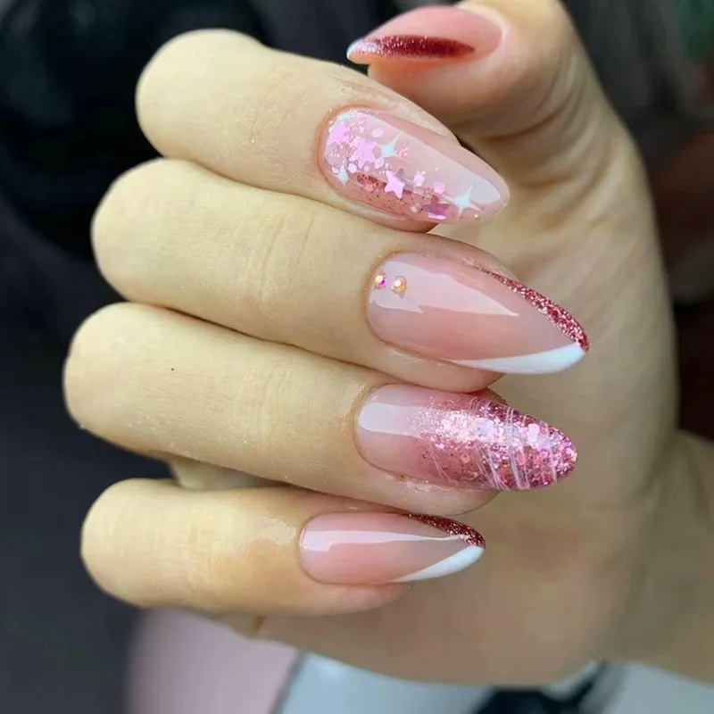 24Pcs Pink Shiny Powder French Press on False Nails with Star Sequin Reusable Fake Nails Mid-length Almond Full Cover Nails Tips
24Pcs Pink Shiny Powder French Press on False Nails with Star Sequin Reusable Fake Nails Mid-length Almond Full Cover Nails Tips