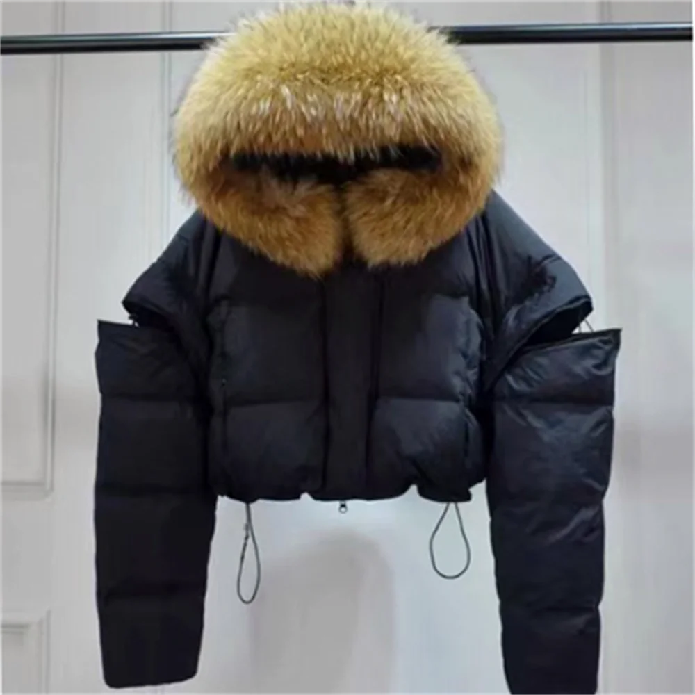 New style female winter warmth short hooded feather big fur collar hat white duck down jackets zip sleeves
New style female winter warmth short hooded feather big fur collar hat white duck down jackets zip sleeves