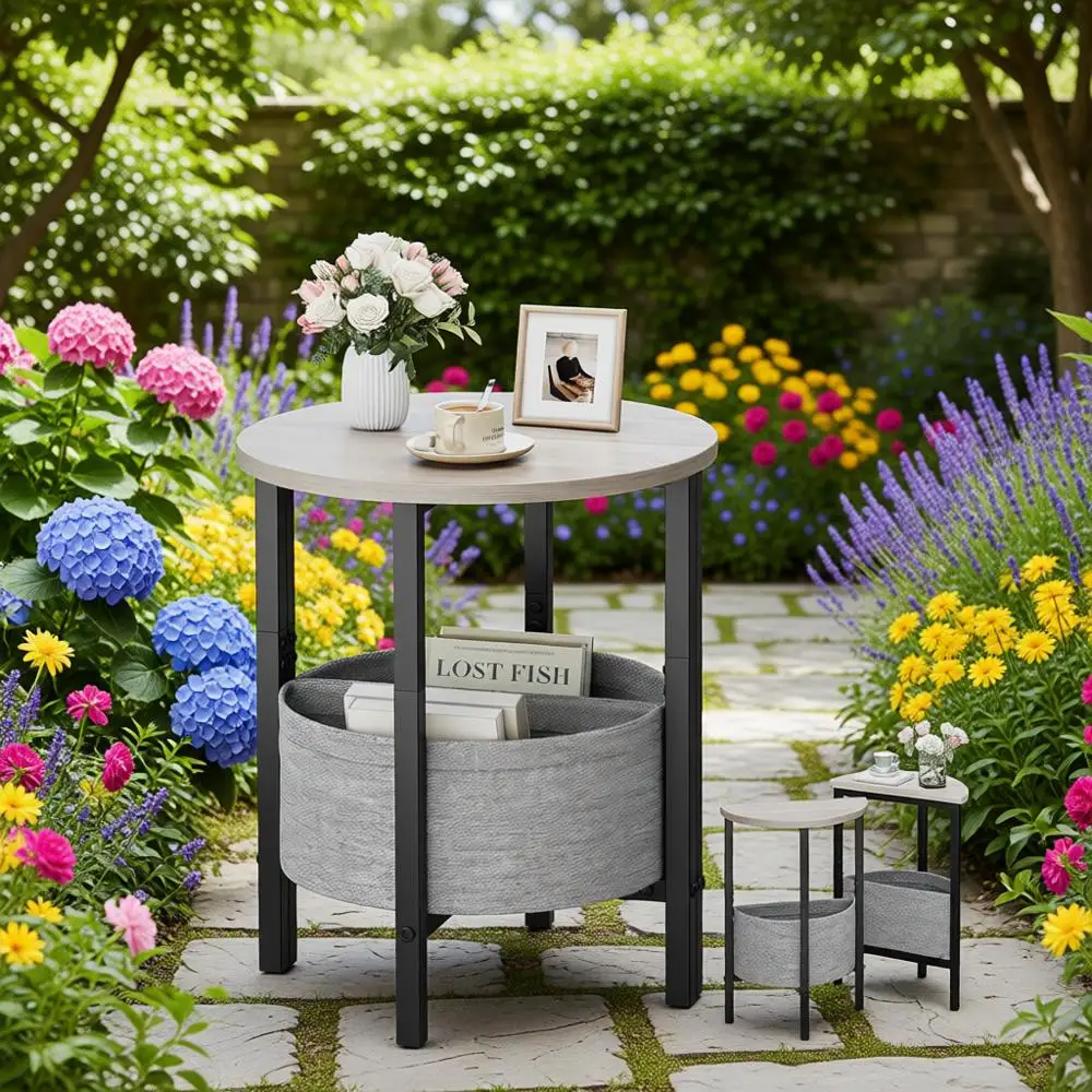 Round Side Table, Tall Accent Table with Storage, Set of 2 Half Moon Tables, Coffee and Bed Side Tables, Gray
Round Side Table, Tall Accent Table with Storage, Set of 2 Half Moon Tables, Coffee and Bed Side Tables, Gray