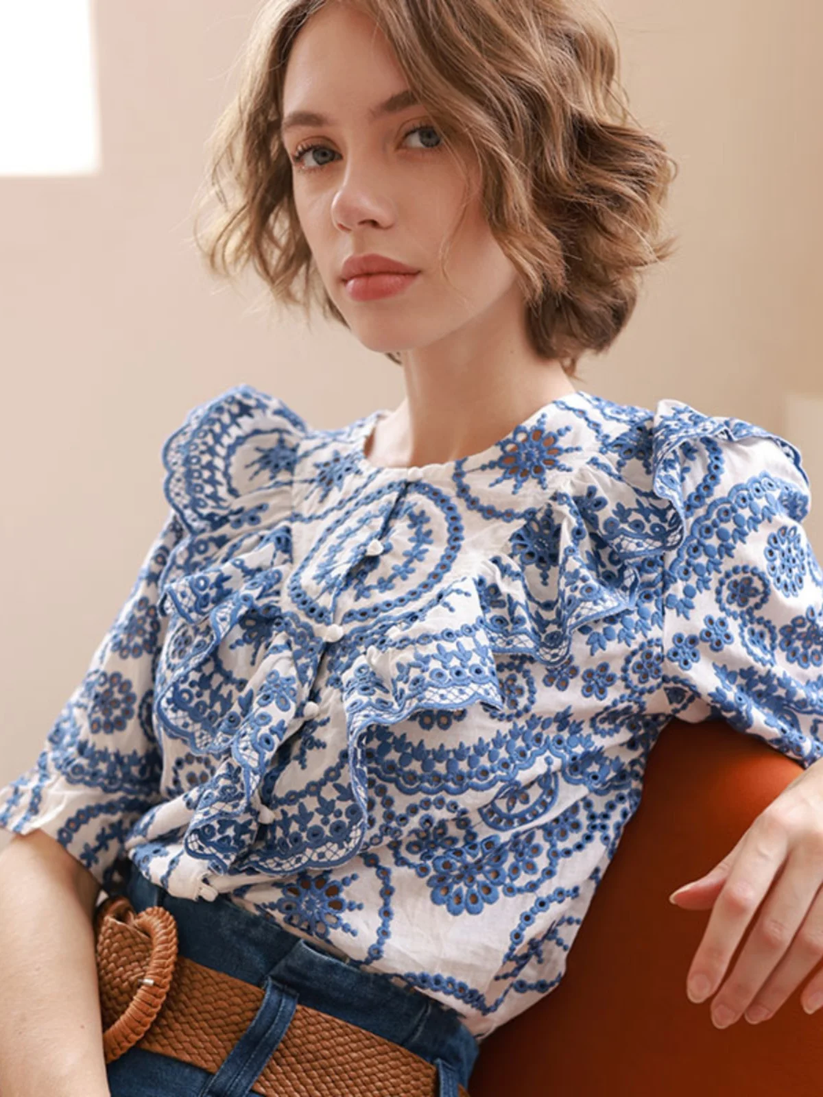 Ele Embroidered Cotton Bubble Sve Straight Leg irt Summer Women's Faion Commute Sle Large Lace Trim
Ele Embroidered Cotton Bubble Sve Straight Leg irt Summer Women's Faion Commute Sle Large Lace Trim