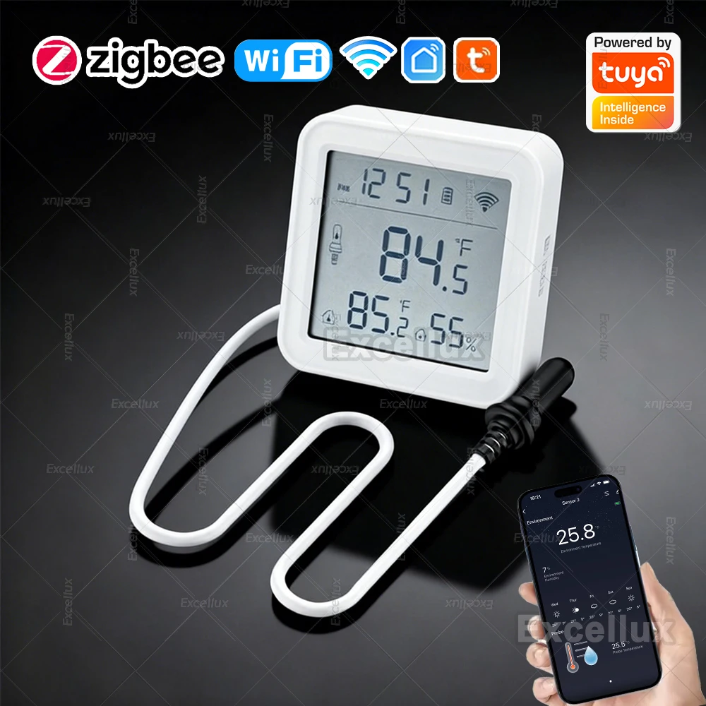 Датчик температуры и влажности Tuya WiFi Zigbee с датчиком внешнего зонда, цифровой термометр с ЖК-экраном для морозильной камеры, аквариума
Датчик температуры и влажности Tuya WiFi Zigbee с датчиком внешнего зонда, цифровой термометр с ЖК-экраном для морозильной камеры, аквариума