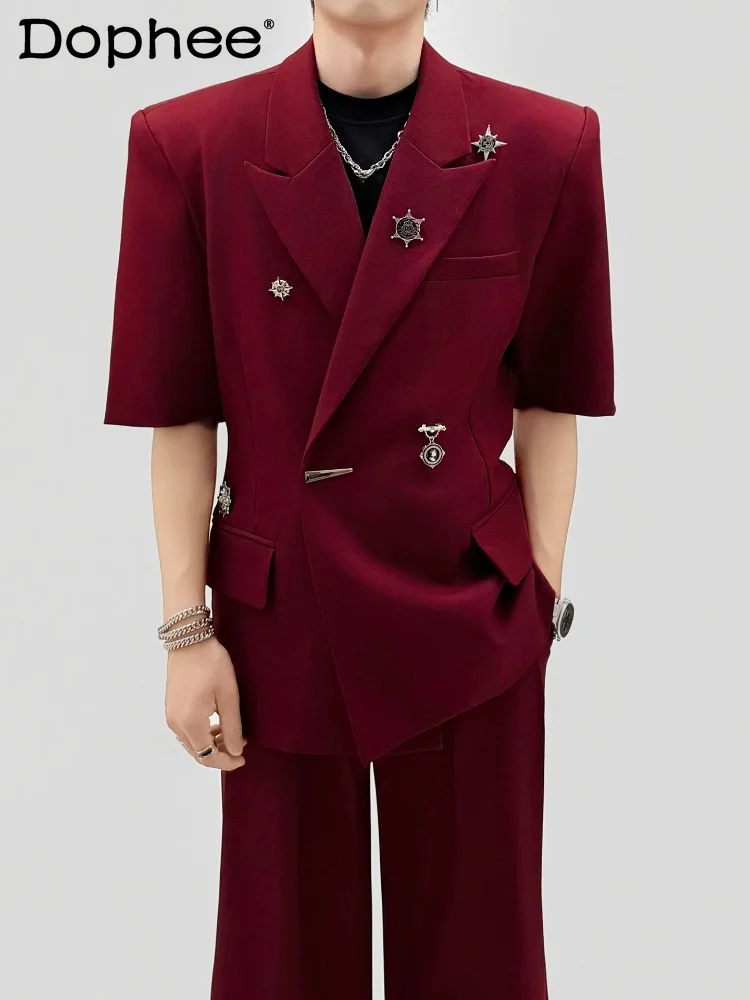 Men's 2026 Summer New Two-piece Sets Short-sleeve Blazers Tops Men's Metal Brooch Design Suit Jackets Solid Color Trousers Suits
Men's 2026 Summer New Two-piece Sets Short-sleeve Blazers Tops Men's Metal Brooch Design Suit Jackets Solid Color Trousers Suits