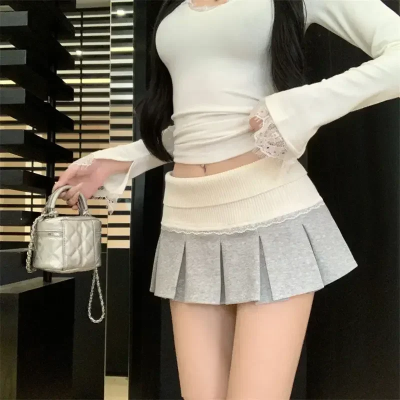 French Elegant High Waist Slimming A-line Grey Mini Knitted Skirts Women Hot Girl Lace Splicing Pleated Skirt Spring New Chic
French Elegant High Waist Slimming A-line Grey Mini Knitted Skirts Women Hot Girl Lace Splicing Pleated Skirt Spring New Chic