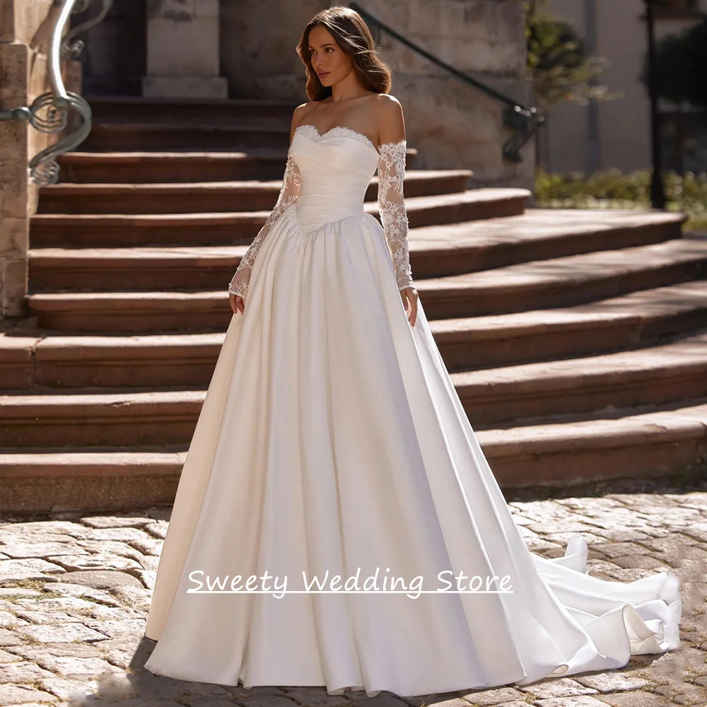 Modern Wedding Dress Customized Sweetheart Neck Long Lace Sleeves Pleat Body Sweep Train Corset Bridal Gown v
Modern Wedding Dress Customized Sweetheart Neck Long Lace Sleeves Pleat Body Sweep Train Corset Bridal Gown v