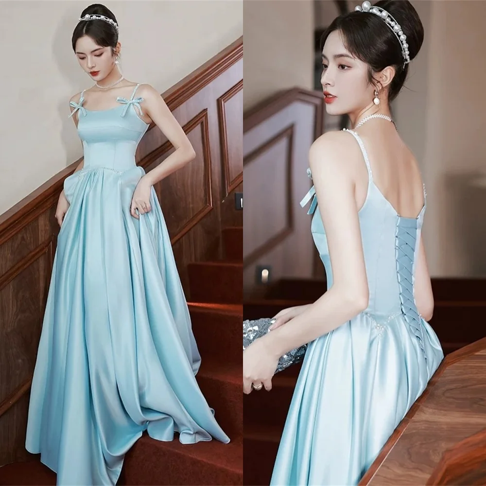 Customized Sparkly Blue Satin Evening Dress Exquisite Strapless Sleeveless Bow Lace Up Back Pearls Special Occasion Gowns
Customized Sparkly Blue Satin Evening Dress Exquisite Strapless Sleeveless Bow Lace Up Back Pearls Special Occasion Gowns