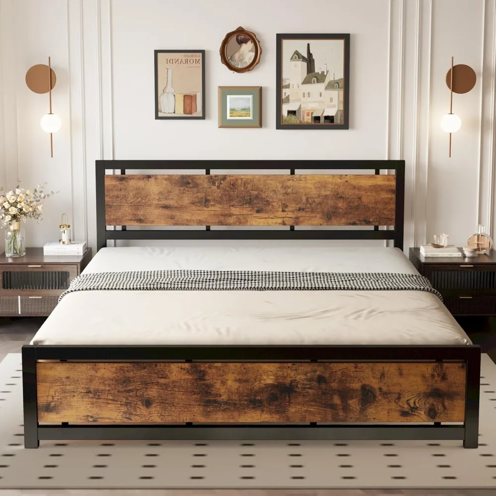 Queen Size Bed Frame with Headboard and Footrest, Strong Metal Support, Vintage Brown Color
Queen Size Bed Frame with Headboard and Footrest, Strong Metal Support, Vintage Brown Color