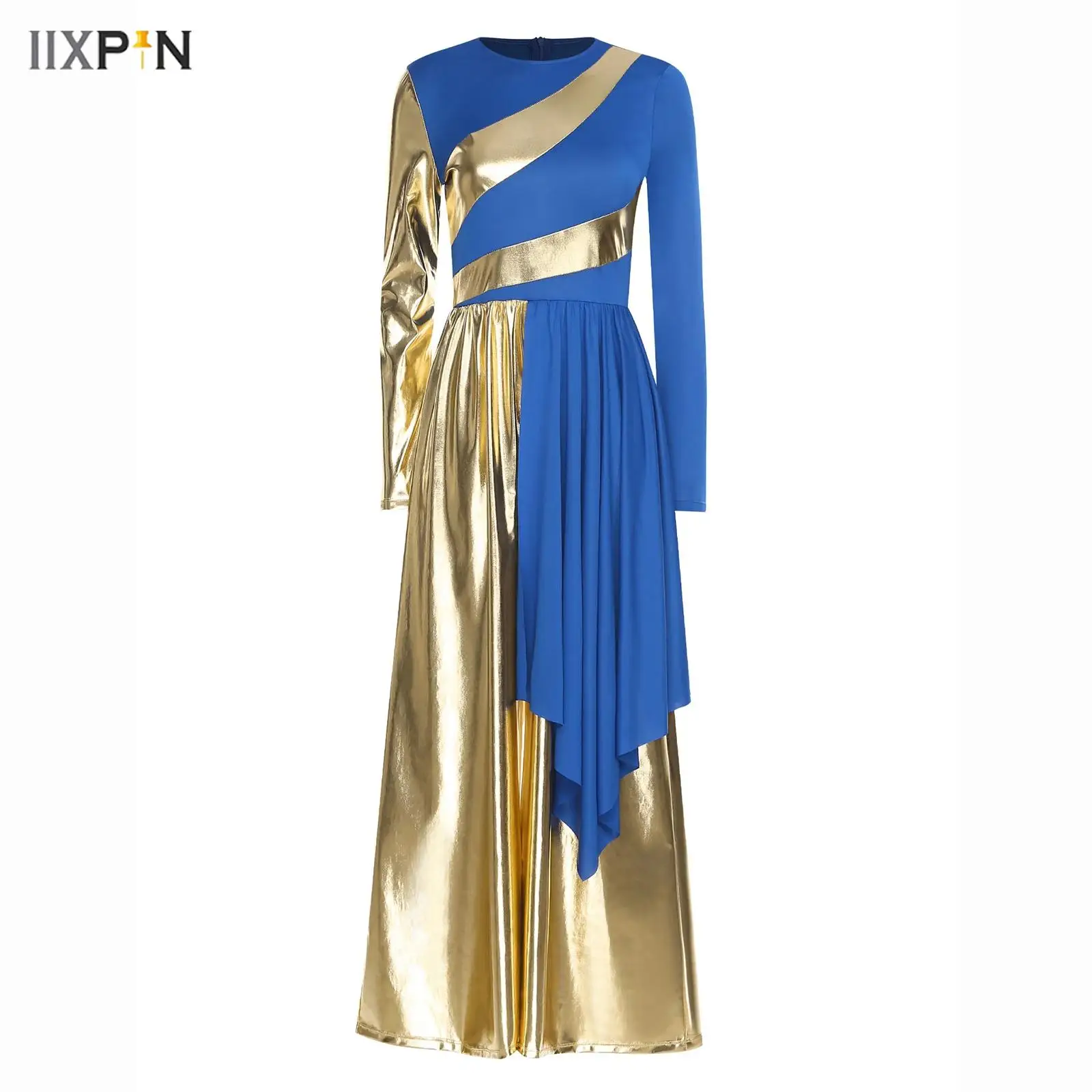 Women Liturgical Praise Dance Jumpsuit Metallic Color Block Patchwork Irregular Drape Wide-Leg Bodysuit Rompers Choir Dancewear
Women Liturgical Praise Dance Jumpsuit Metallic Color Block Patchwork Irregular Drape Wide-Leg Bodysuit Rompers Choir Dancewear