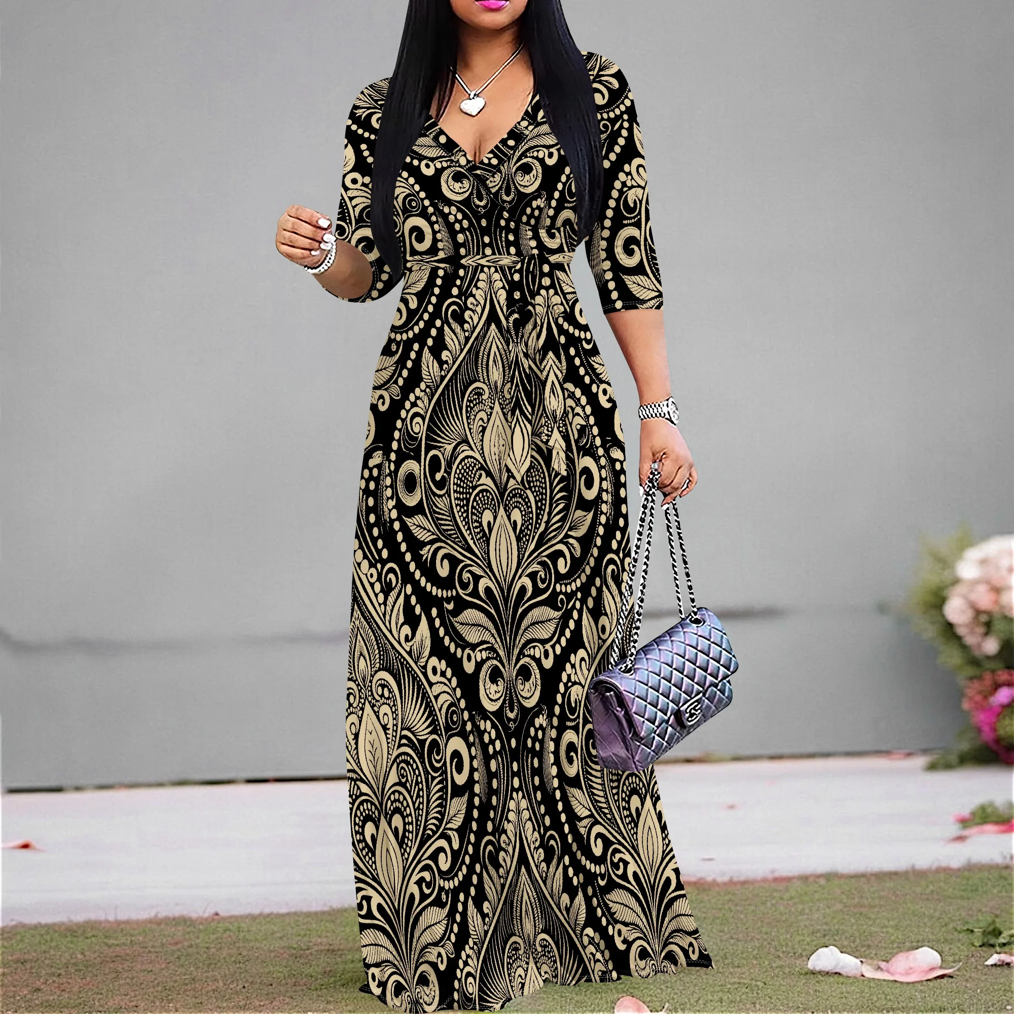 Baroque Gold Print Maxi Dress for Women S-2XL Elegant Church Formal Gown for Thanksgiving or Holiday Party
Baroque Gold Print Maxi Dress for Women S-2XL Elegant Church Formal Gown for Thanksgiving or Holiday Party