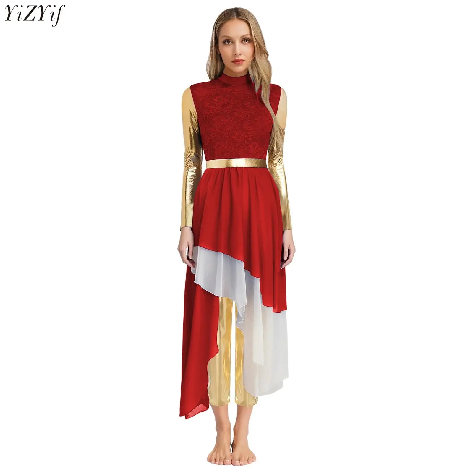 Women Liturgical Praise Dance Outfit Long Sleeve Lace Patchwork Irregular Hem Dress+Metallic Pants Church Performance Dancewear
Women Liturgical Praise Dance Outfit Long Sleeve Lace Patchwork Irregular Hem Dress+Metallic Pants Church Performance Dancewear