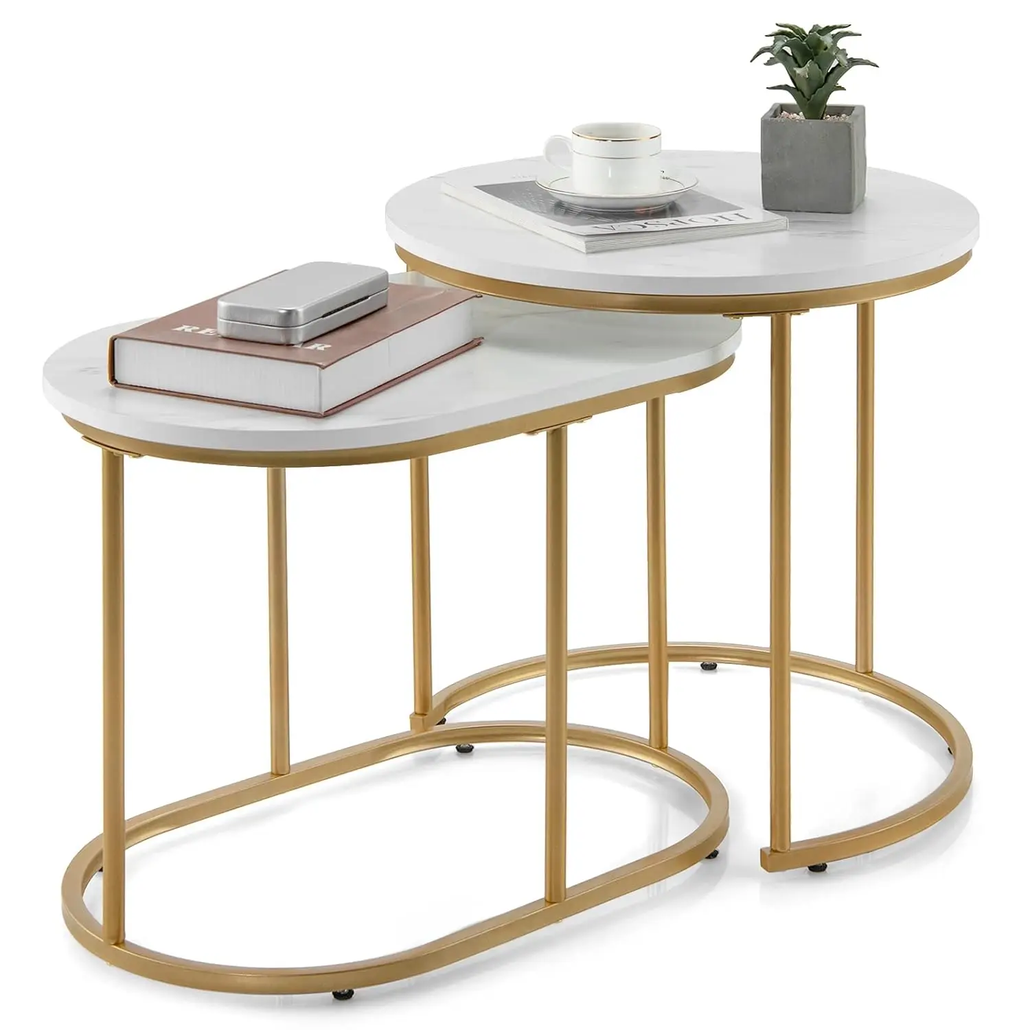 Modern Nesting Coffee Table Set Of 2, Coffee Table & End Table Sets, Golden Steel Frame, Easy Assembly, Accent Marble-Look Stack
Modern Nesting Coffee Table Set Of 2, Coffee Table & End Table Sets, Golden Steel Frame, Easy Assembly, Accent Marble-Look Stack