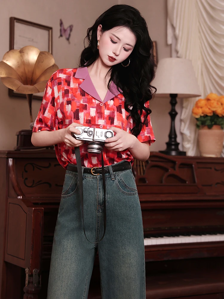 Casual Style Geometric Pattern Short Sleeve Loose Fit Women's Shirt Slimming Effect Small Stature Suitable Top Polyester Fiber
Casual Style Geometric Pattern Short Sleeve Loose Fit Women's Shirt Slimming Effect Small Stature Suitable Top Polyester Fiber