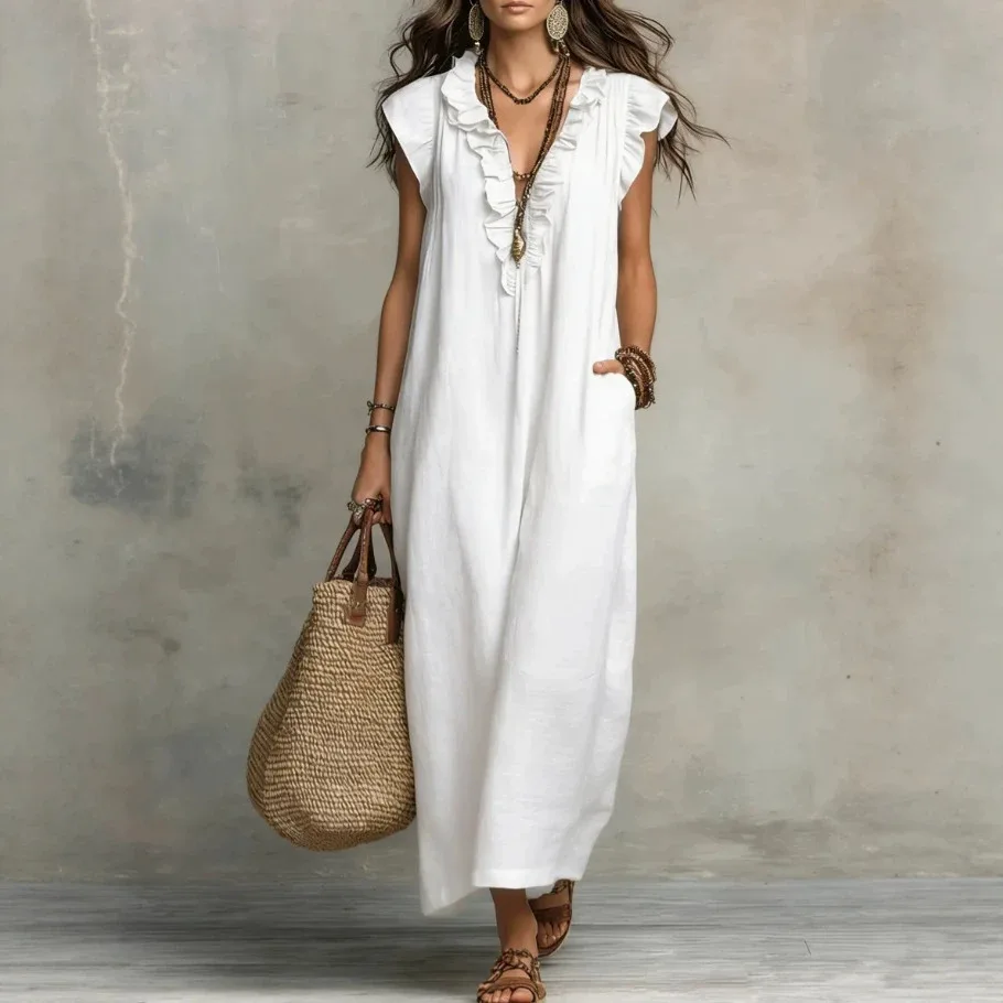 Women's Dress 2026 Spring Summer New Ruffles V-Neck Solid Color Loose Fit Pocket Design Sleeveless Casual Daily Long Dress
Women's Dress 2026 Spring Summer New Ruffles V-Neck Solid Color Loose Fit Pocket Design Sleeveless Casual Daily Long Dress