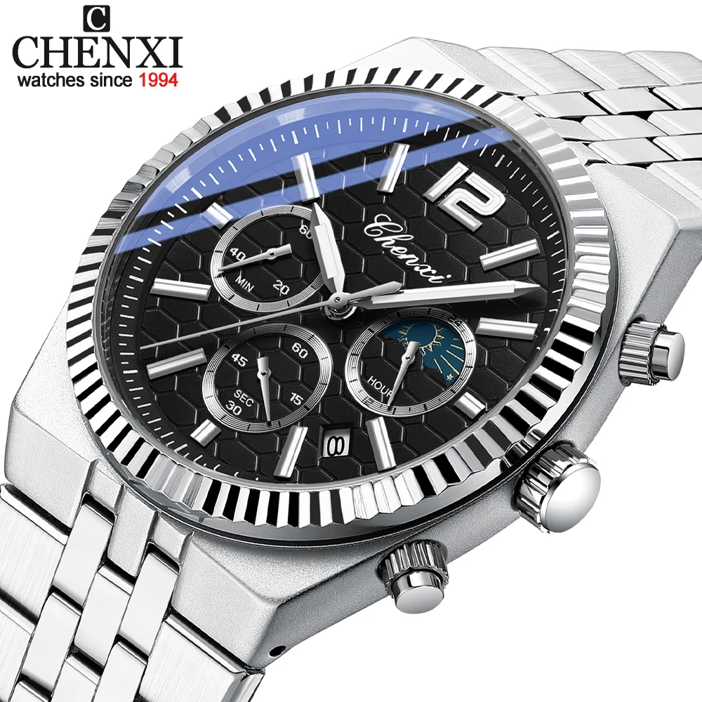 CHENXI модные мужские кварцевые часы с ремешком из нержавеющей стали, деловые светящиеся стрелки, водонепроницаемые мужские наручные часы с хронографом и календарем
CHENXI модные мужские кварцевые часы с ремешком из нержавеющей стали, деловые светящиеся стрелки, водонепроницаемые мужские наручные часы с хронографом и календарем