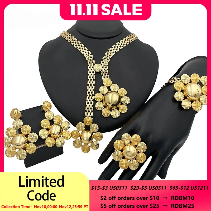 Hight Quality Big Jewelry Set Dubai Nigeria Gold Plated Large Pendant Necklace Bracelet Flower Earring Round Ring Wedding Gift
Hight Quality Big Jewelry Set Dubai Nigeria Gold Plated Large Pendant Necklace Bracelet Flower Earring Round Ring Wedding Gift